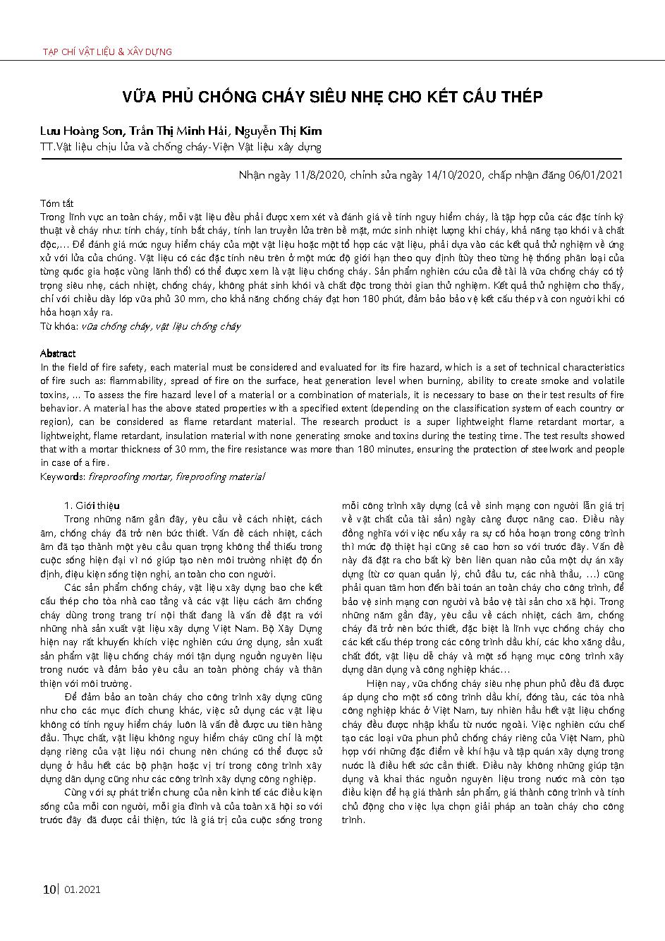 Vữa phủ chống cháy siêu nhẹ cho kết cấu thép = Super light fireproof mortar for steel structure