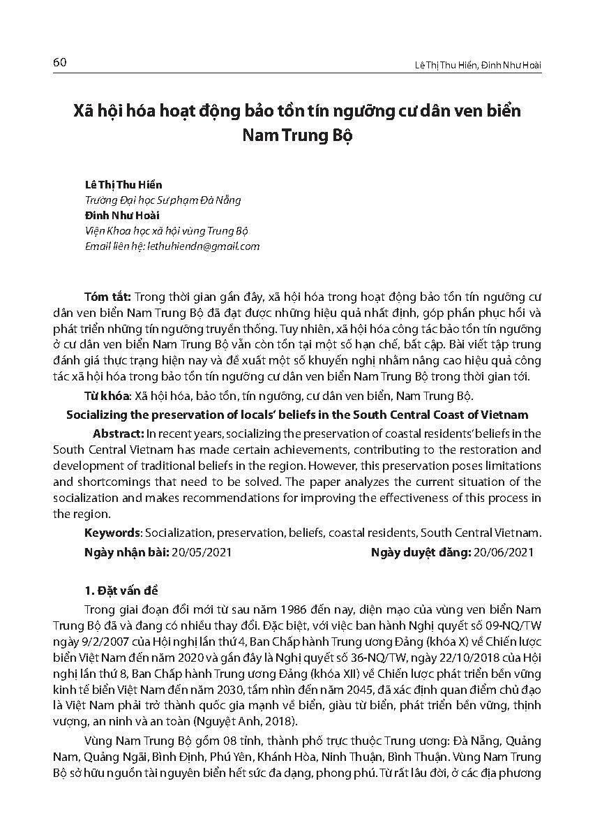 Xã hội hóa hoạt động bảo tồn tín ngưỡng cư dân ven biển Nam Trung Bộ = Socializing the preservation of locals’ beliefs in the South Central Coast of Vietnam