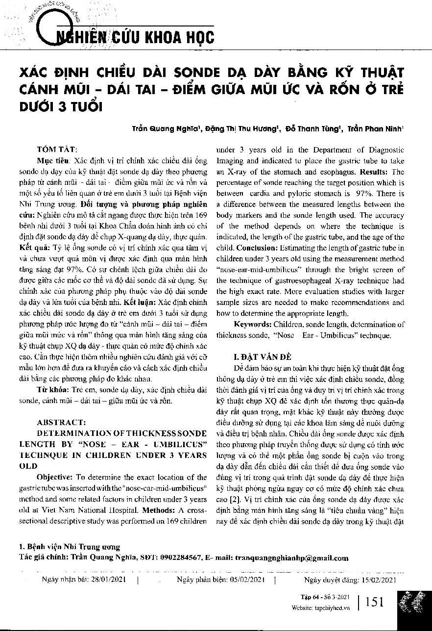 Xác định chiều dài sonde dạ dày bằng kỹ thuật cánh mũi – dái tai – điểm giữa mũi ức và rốn ở trẻ dưới 3 tuổi = Determination of thickness sonde length by “nose - ear - umbilicus” technque in children under 3 years old