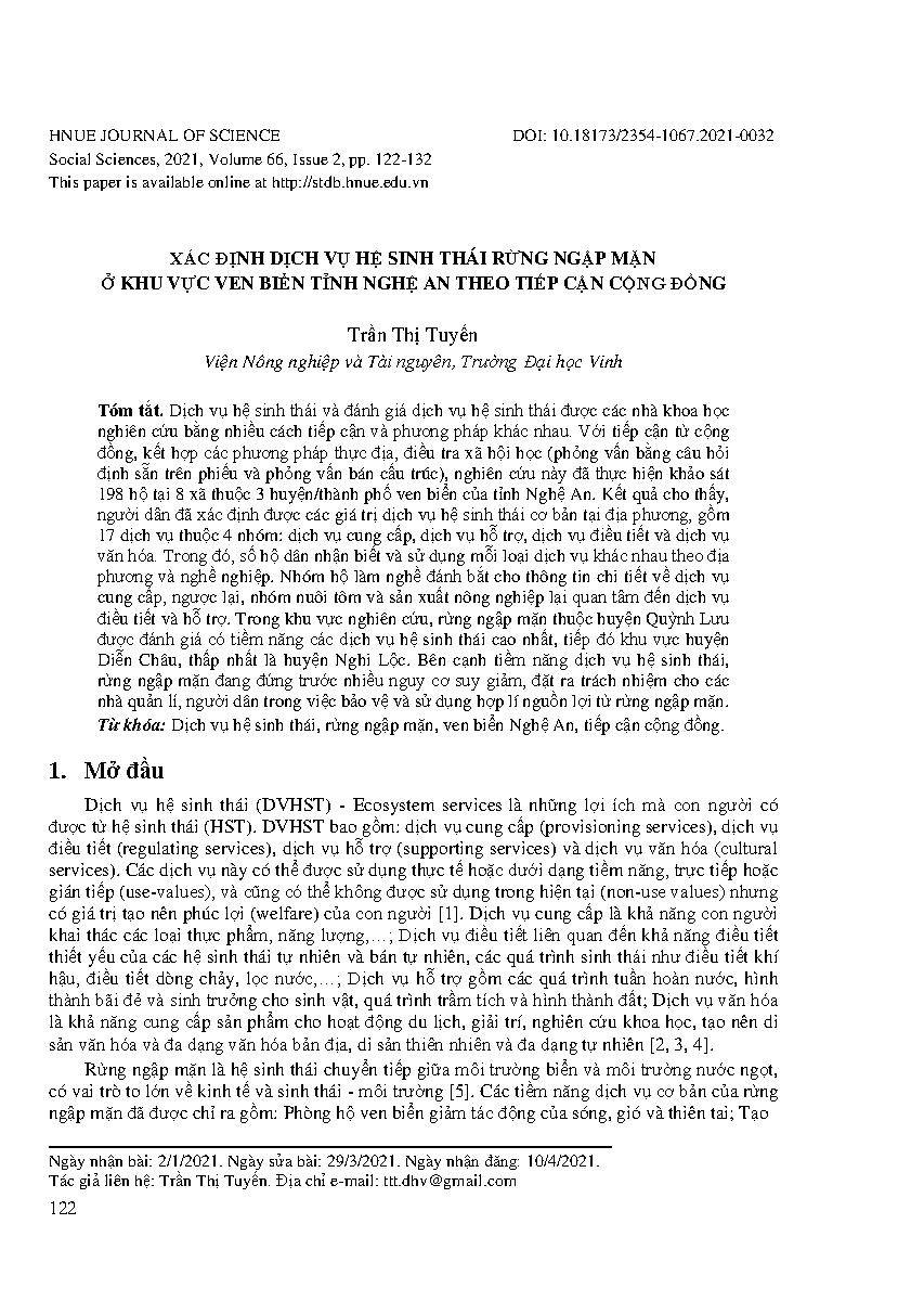 Xác định dịch vụ hệ sinh thái rừng ngập mặn ở khu vực ven biển tỉnh Nghệ An theo tiếp cận cộng đồng = Determining the ecosystem services of mangrove forest by community approach in coastal Nghe An province