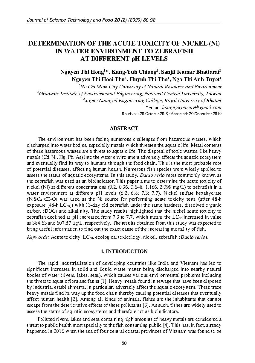 Xác định độ độc cấp tính của niken (Ni) trong môi trường nước tới cá sọc ngựa ở các mức pH khác nhau = Determination of the acute toxicity of nickel (Ni) in water environment to zebrafish at different pH levels