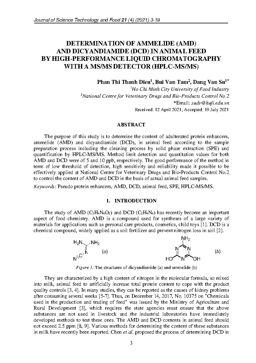 Xác định hàm lượng ammelide và dicyandiamide trong thức ăn chăn nuôi bằng sắc ký lỏng hiệu năng cao đầu dò ms/ms (hplc-ms/ms) = Determination of ammelide (amd) and dicyandiamide (dcd) in animal feed by high-performance liquid chromatography with a ms/ms detector (hplc-ms/ms)
