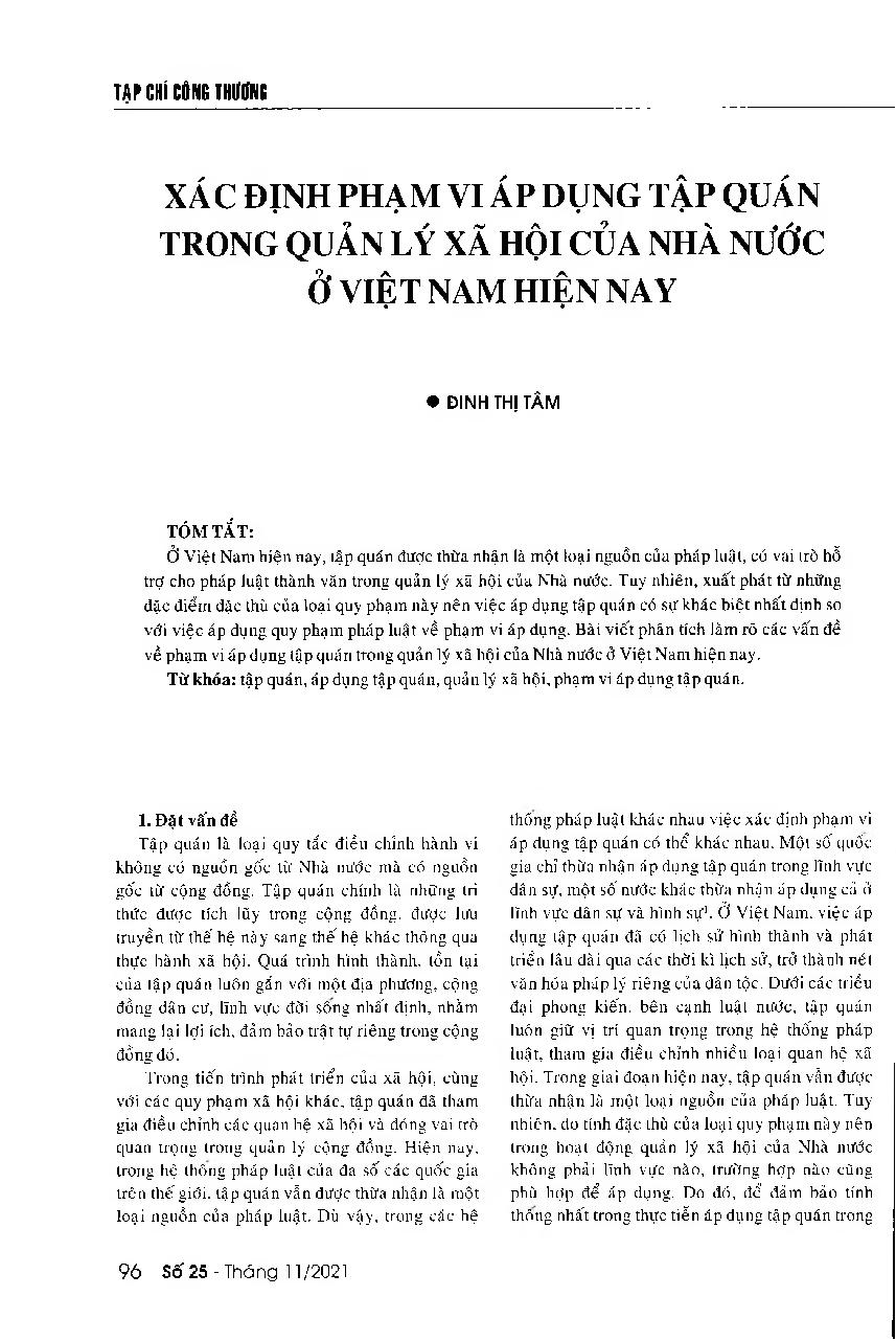 Xác định phạm vi áp dụng tập quán trong quản lý xã hội của Nhà nước ở Việt Nam hiện nay = Determining the scope of customs application in the current state social management in Vietnam