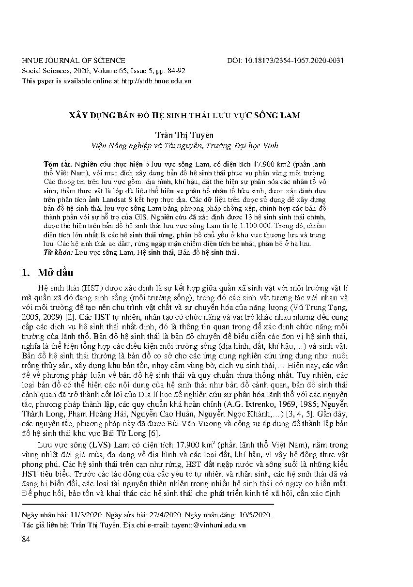 Xây dựng bản đồ hệ sinh thái lưu vực sông Lam = Developing ecosystem map for functional zoning environment of Lam river basin