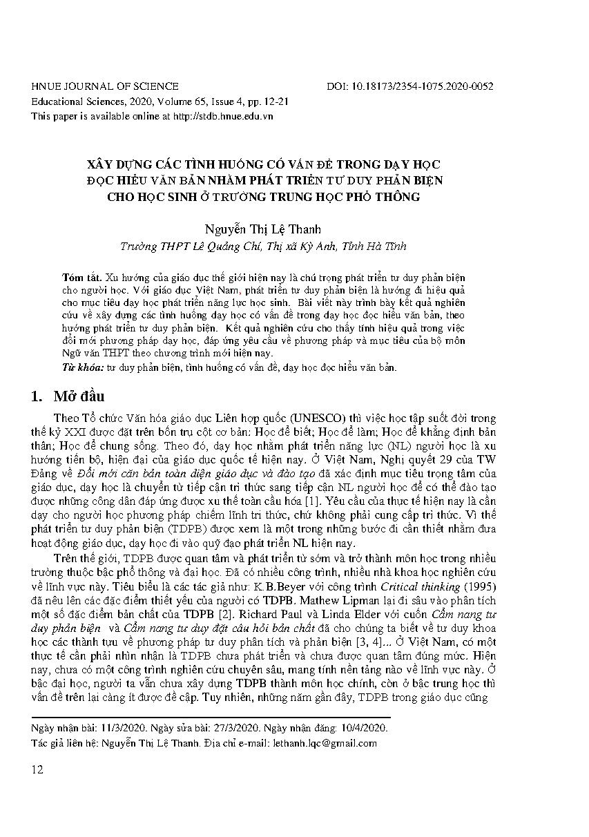 Xây dựng các tình huống có vấn đề trong dạy học đọc hiểu văn bản nhằm phát triển tư duy phản biện cho học sinh ở trường trung học phổ thông = Constructing problematic situations in teaching passage reading comprehension to develop critical thinking for high school students