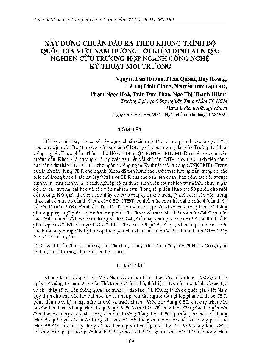 Xây dựng chuẩn đầu ra theo khung trình độ quốc gia Việt Nam hướng tới kiểm định aun-qa: nghiên cứu trường hợp ngành công nghệ kỹ thuật môi trường = Building learning outcomes according to vietnam national qualifications framework toward aun-qa standard: a case study for environmental engineering technology programme