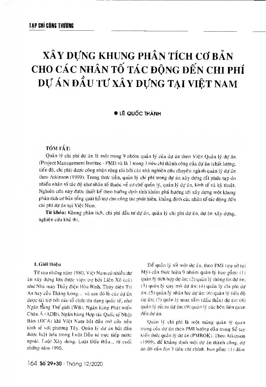 Xây dựng khung phân tích cơ bản cho các nhân tố tác động đến chi phí dự án đầu tư xây dựng tại Việt Nam = Developing the conceptual framework for factors affecting the cost management of construction projects in Vietnam