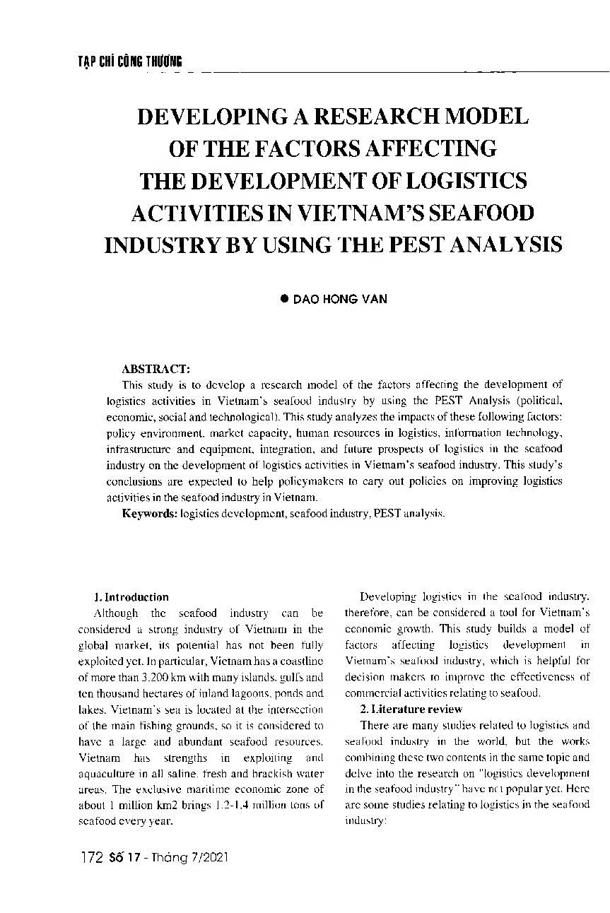 Xây dựng mô hình các nhân tố ảnh hưởng đến phát triển logistics ngành Hải sản Việt Nam bằng mô hình PEST = Building a model of the factors affecting logistics development in Vietnam's seafood industry by PEST analysis