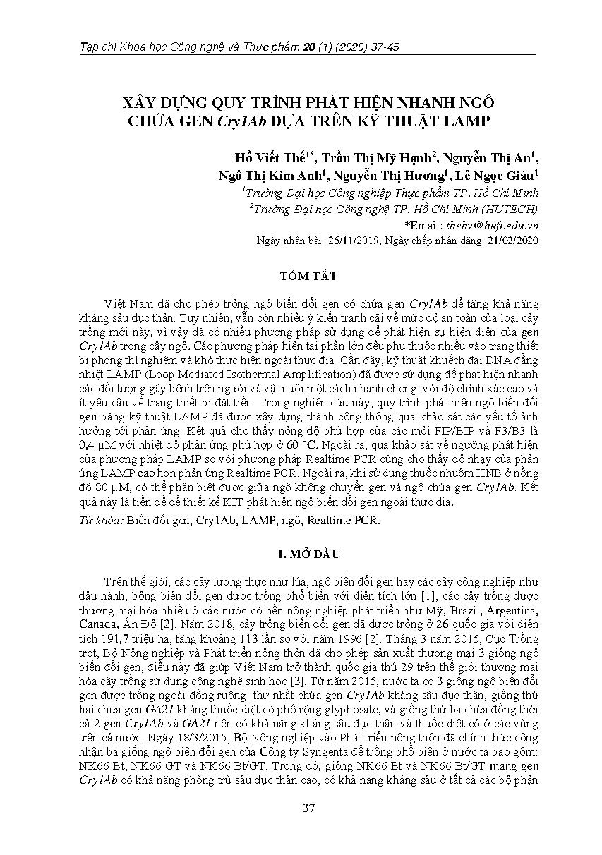 XÂY DỰNG QUY TRÌNH PHÁT HIỆN NHANH NGÔ CHỨA GEN Cry1Ab DỰA TRÊN KỸ THUẬT LAMP = DEVELOPING METHOD FOR QUICK IDENTIFICATION OF Cry1Ab- GENETICALLY MODIFIED MAIZE BASED ON LAMP TECHNIQUE