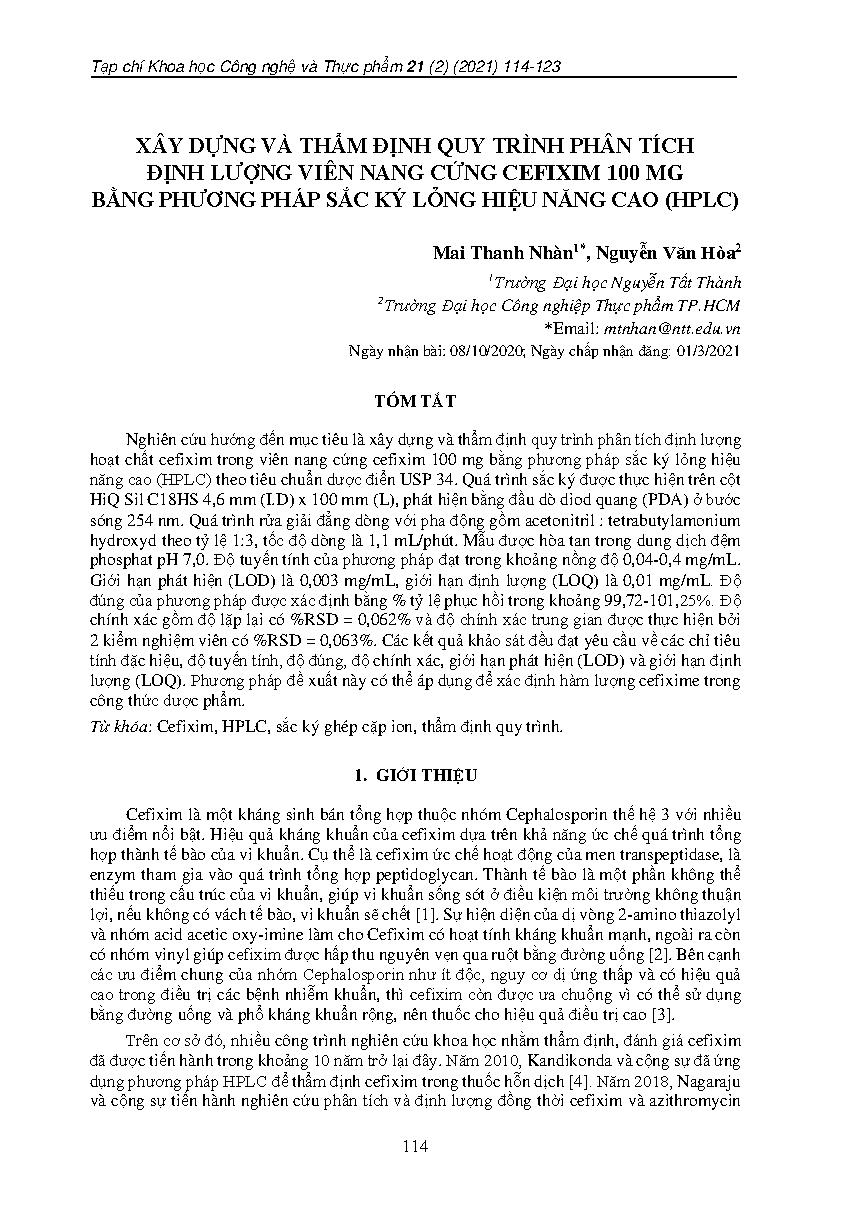 Xây dựng và thẩm định quy trình phân tích định lượng viên nang cứng cefixim 100 mg bằng phương pháp sắc ký lỏng hiệu năng cao (HPLC) = Analytical method development and valiation for cefixime from hard capsules 100 mg by high performance liquid chromatography (HPLC)
