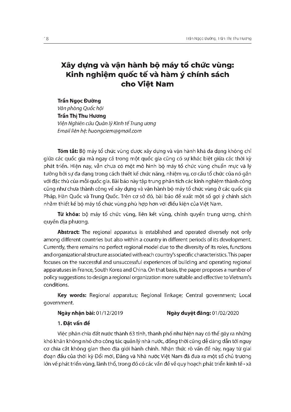 Xây dựng và vận hành bộ máy tổ chức vùng: Kinh nghiệm quốc tế và hàm ý chính sách cho Việt Nam = Building and operating the regional apparatus: International experience and policy implications for Vietnam