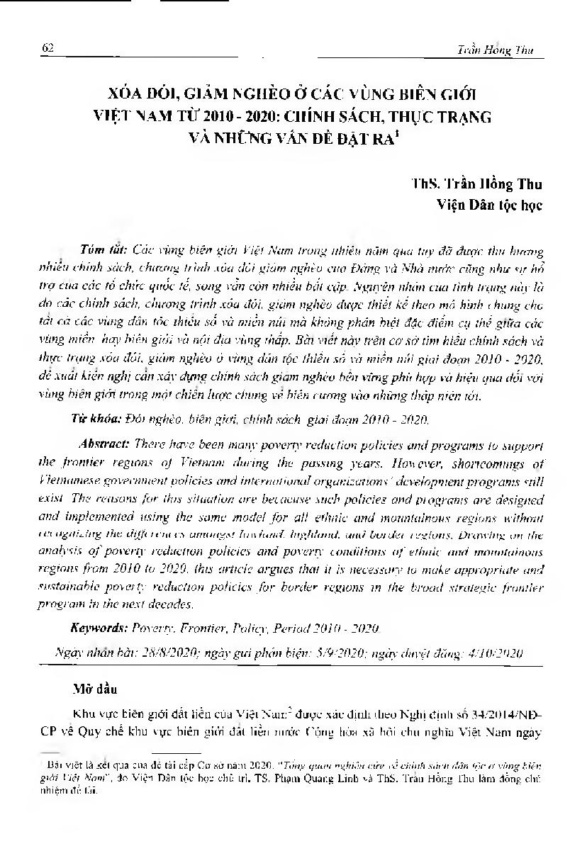 Xóa đói, giảm nghèo ở các vùng biên giới Việt Nam từ 2010 - 2020: chính sách, thực trạng và những vấn đề đặt ra = Poverty and hunger alleviation in frontier regions of Vietnam in the period of 2010 - 2020: policy, situation, and issues of concern