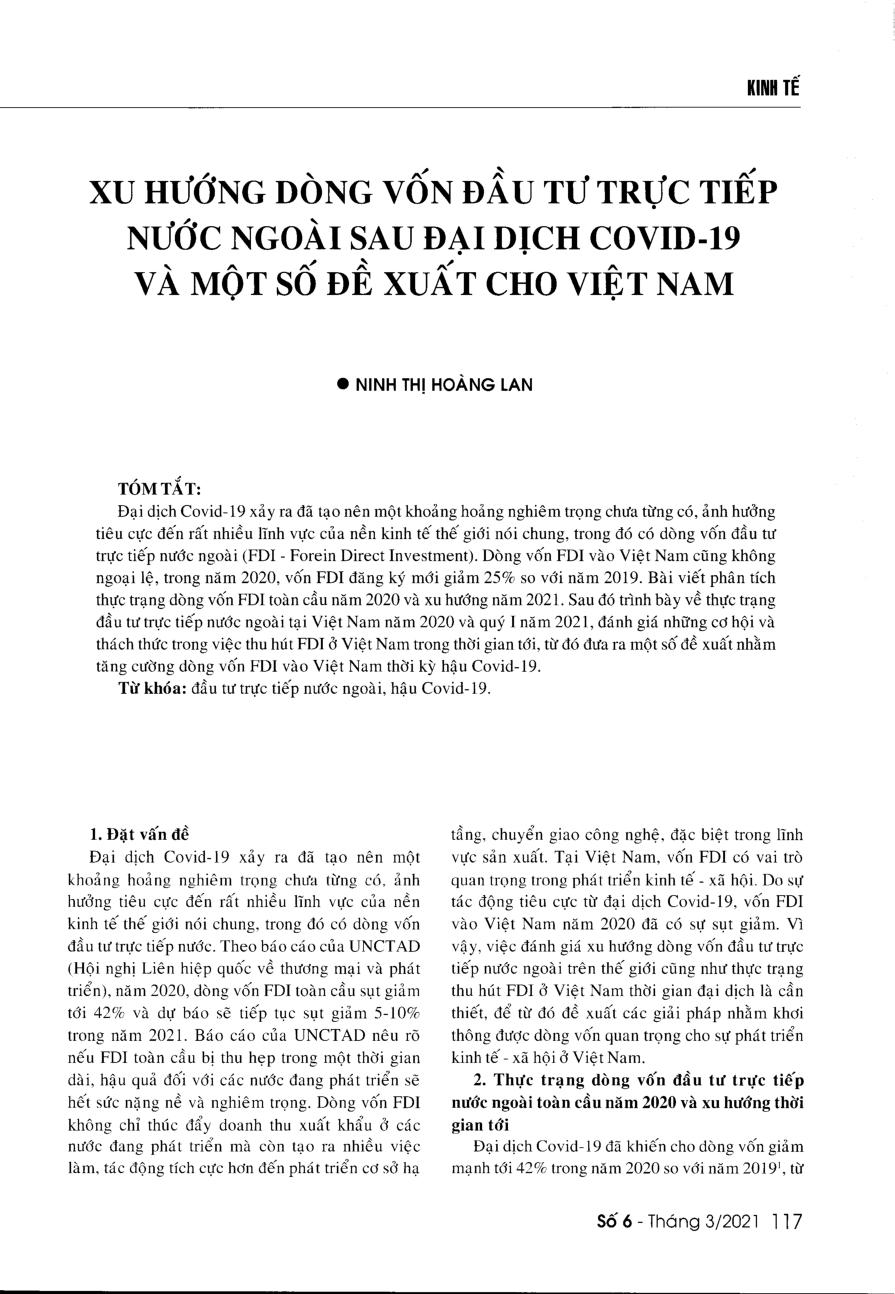 Xu hướng dòng vốn đầu tư trực tiếp nước ngoài sau đại dịch Covid-19 và một số đề xuất cho Việt Nam = The trends of foreign direct investment during the post-Covid-19 era and some solutions for Vietnam