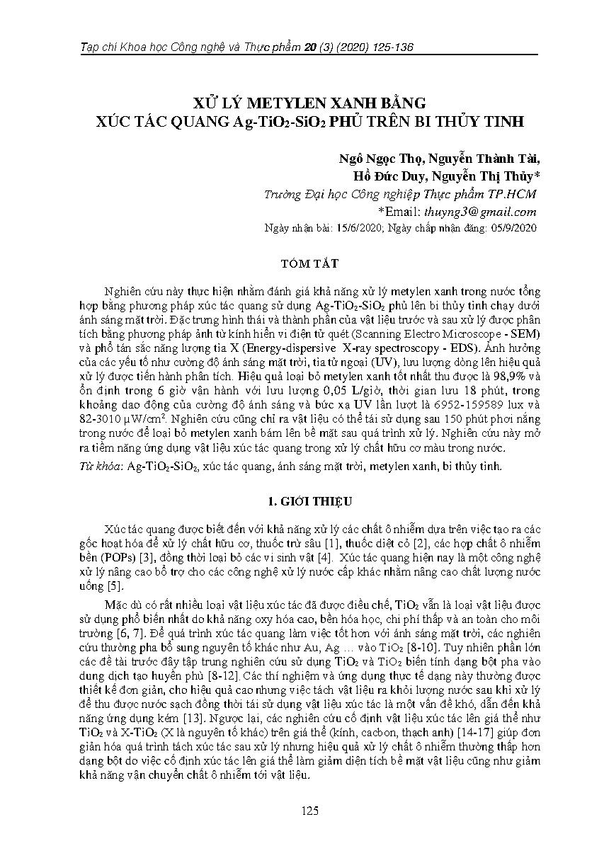 Xử lý metylen xanh bằng xúc tác quang Ag-TiO2-SiO2 phủ trên bi thủy tinh = Photocatalyst treatment of methylene blue from aqueous solution using Ag-TiO2-SiO2 coated on glass spheres