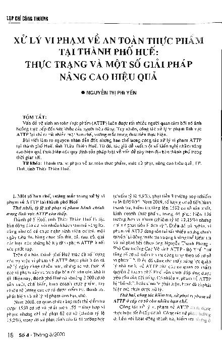 Xử lý vi phạm về an toàn thực phẩm tại thành phố Huế: Thực trạng và một số giải pháp nâng cao hiệu quả = Handling violations of food safety in hue city: current situation and some efficiency improvement solutions