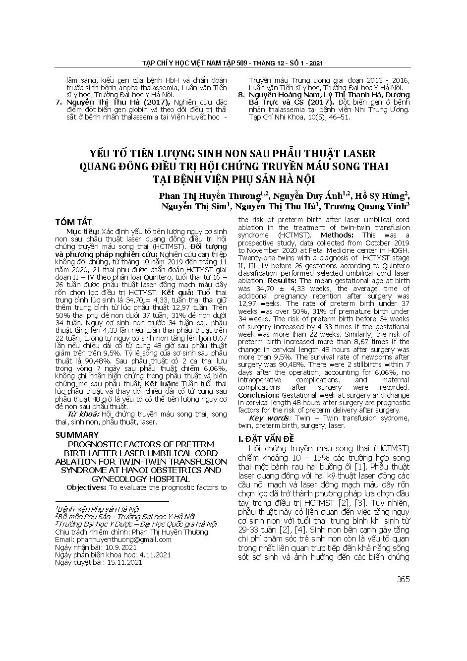 Yếu tố tiên lượng sinh non sau phẫu thuật laser quang đông điều trị hội chứng truyền máu song thai tại Bệnh viện Phụ sản Hà Nội = Prognostic factors of preterm birth after laser umbilical cord ablation for twin-twin transfusion syndrome at Hanoi obstetrics and gynecology hospital