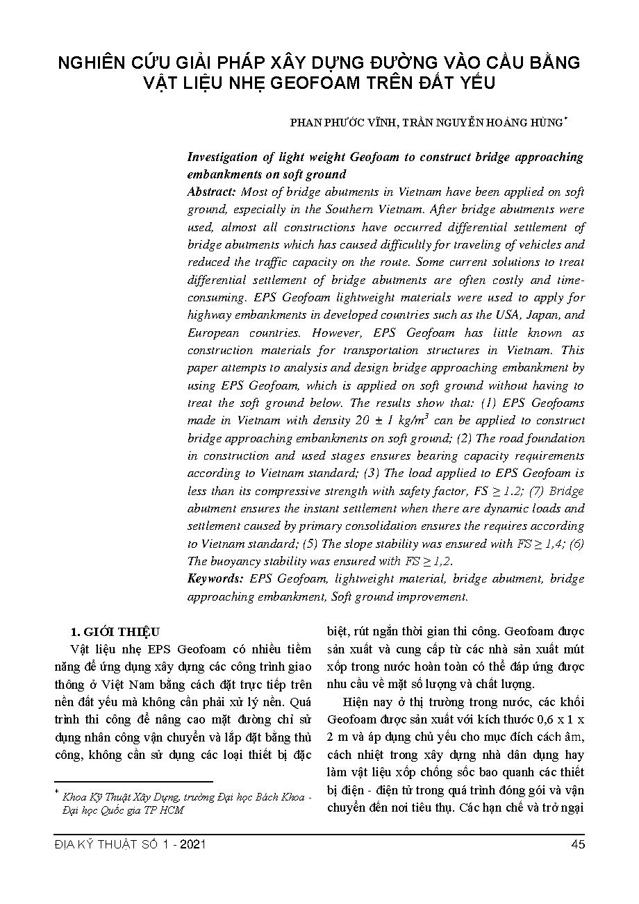 Nghiên cứu giải pháp xây dựng đường vào cầu bằng vật liệu nhẹ geofoam trên đất yếu