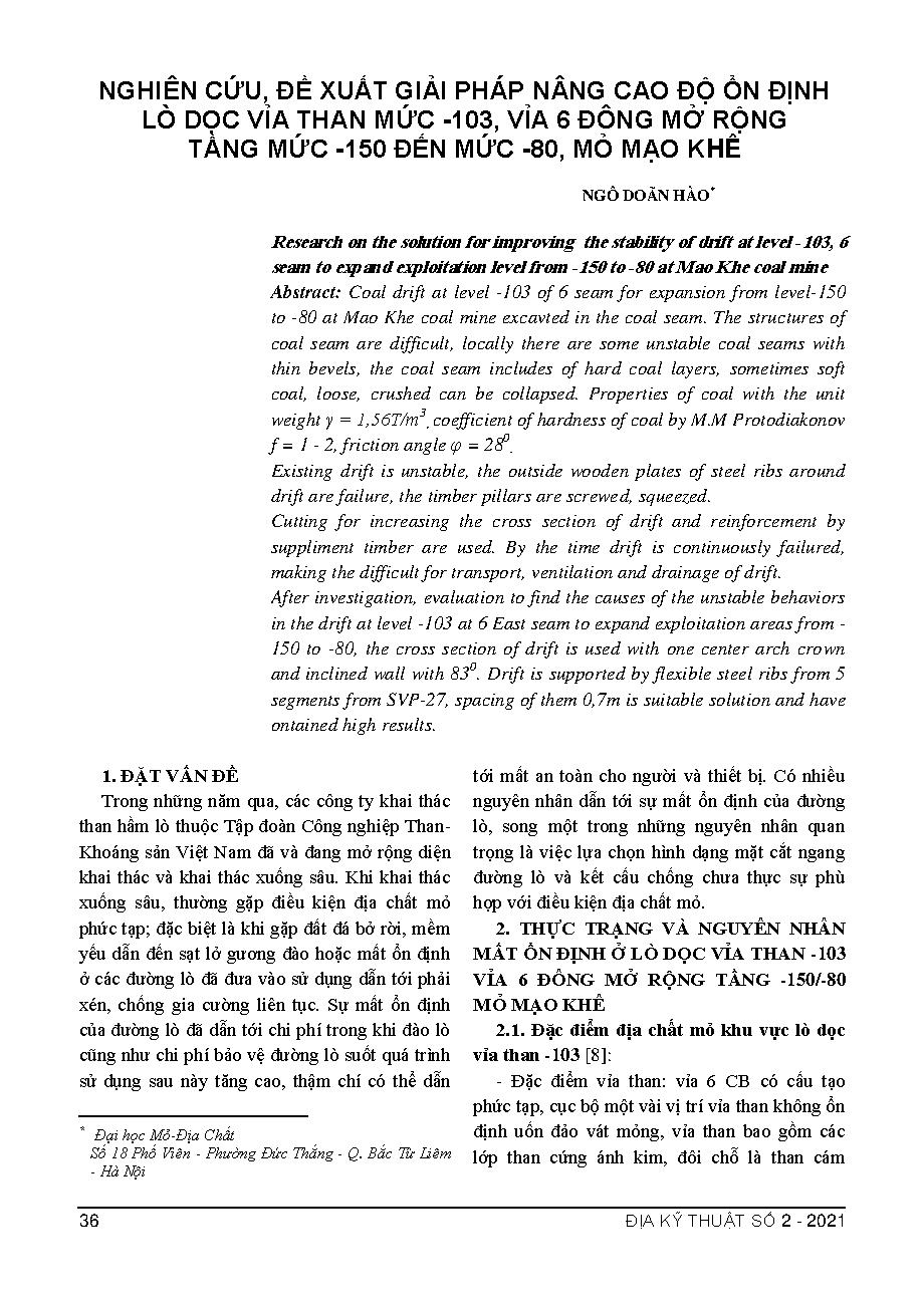 Nghiên cứu, đề xuất giải pháp nâng cao độ ổn định lò dọc vỉa than mức -103, vỉa 6 Đông mở rộng tầng mức -150 đến mức -80, mỏ Mạo Khê