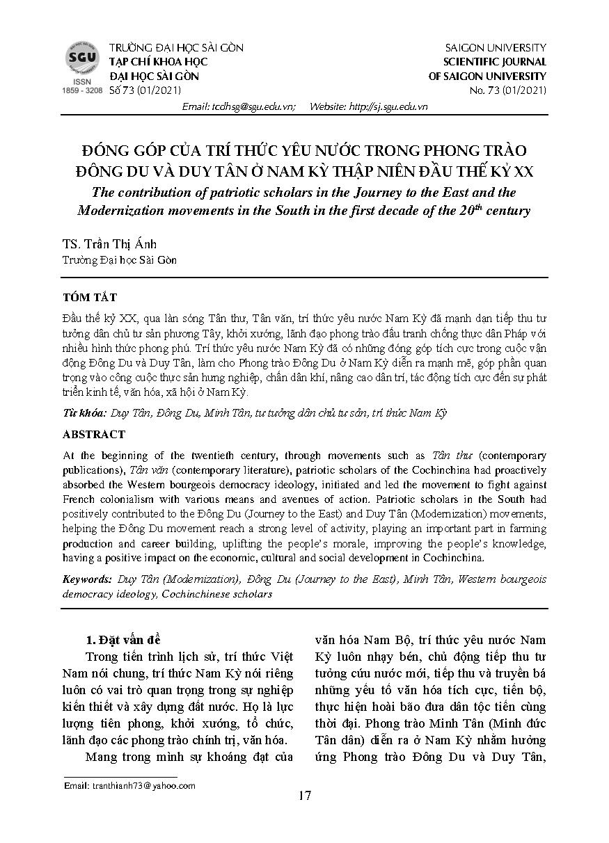 Đóng góp của trí thức yêu nước trong Phong trào Đông Du và Duy Tân ở Nam Kỳ thập niên đầu thế kỷ XX