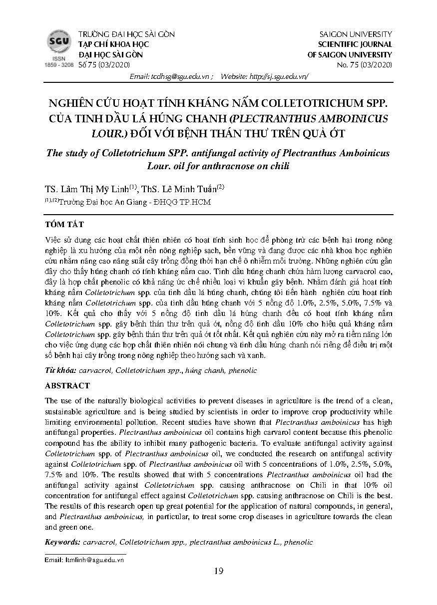 Nghiên cứu hoạt tính kháng nấm Colletotrichum spp. của tinh dầu lá húng chanh (Plectranthus Amboinicus Lour.) đối với bệnh thán thư trên quả ớt