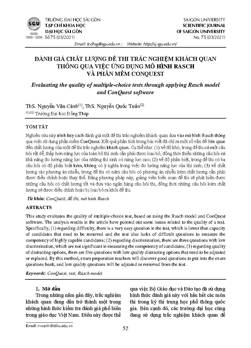 Đánh giá chất lượng đề thi trắc nghiệm khách quan thông qua việc ứng dụng mô hình Rasch và phần mềm ConQuest
