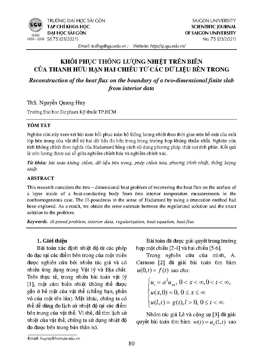 Khôi phục thông lượng nhiệt trên biên của thanh hữu hạn hai chiều từ các dữ liệu bên trong