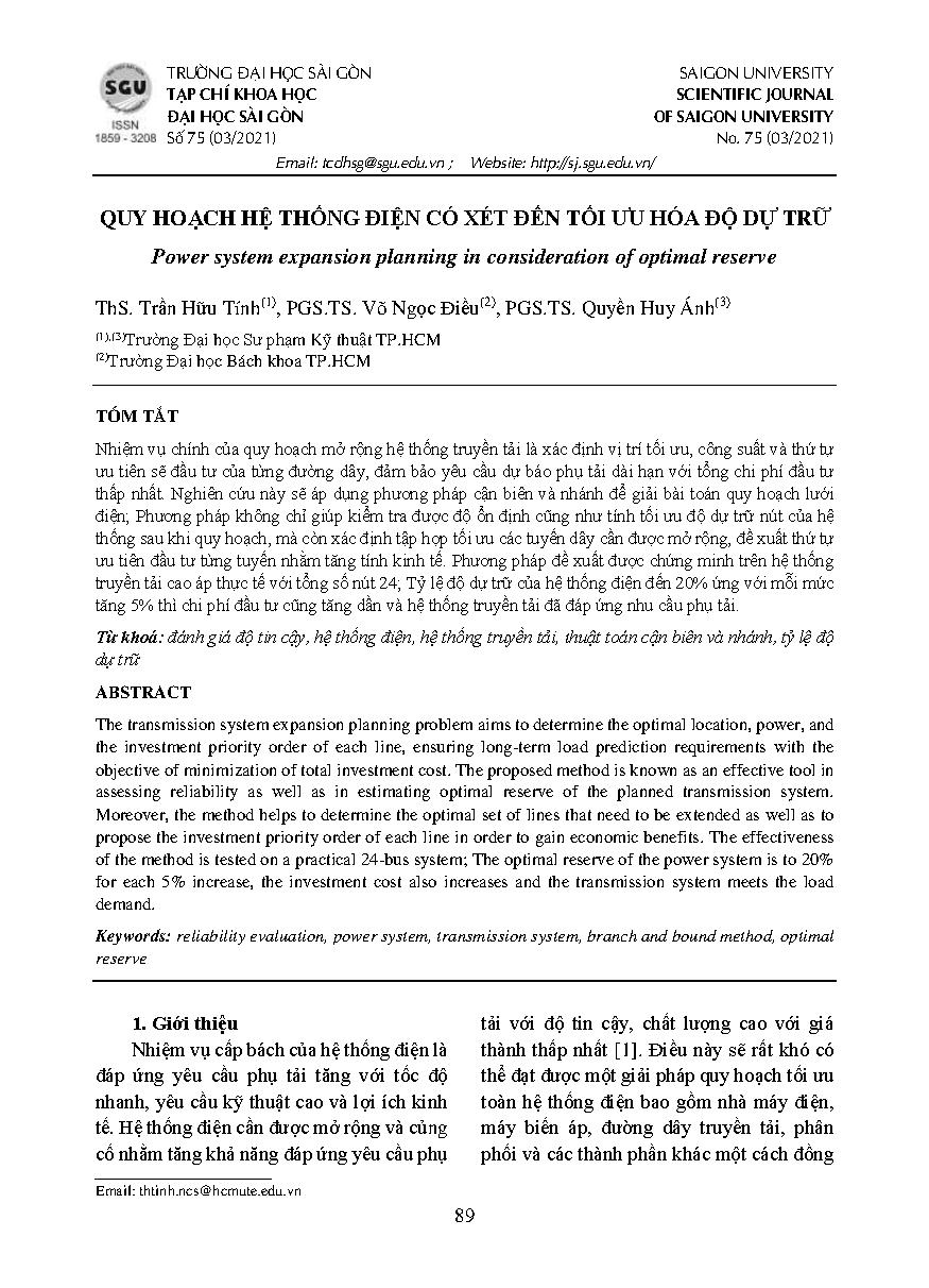 Quy hoạch hệ thống điện có xét đến tối ưu hóa độ dự trữ