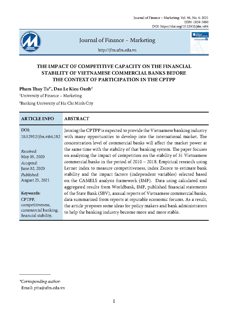 Tác động của năng lực cạnh tranh đến mức độ ổn định tài chính của các Ngân hàng thương mại Việt Nam trước bối cảnh tham gia Hiệp định CPTPP