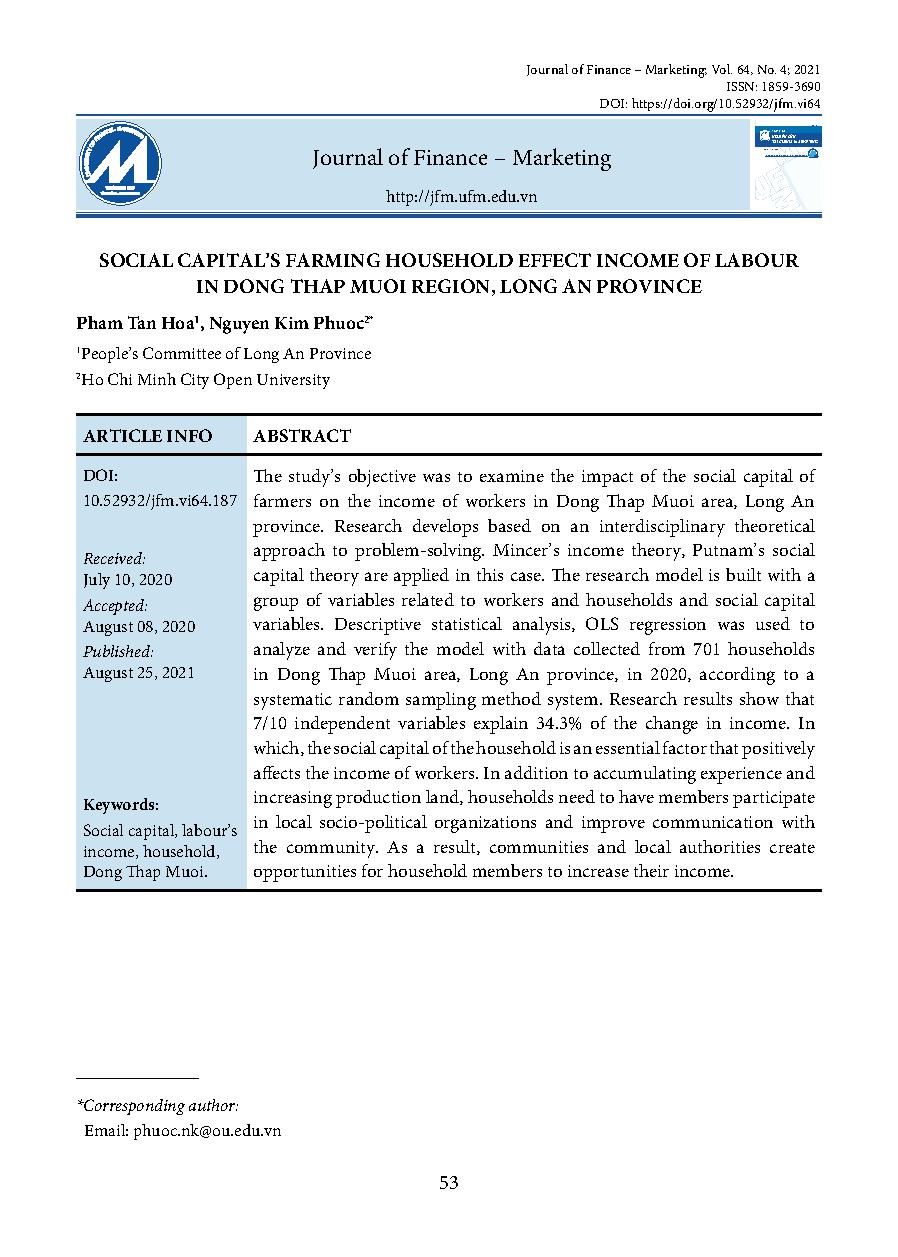 Vốn xã hội của nông hộ tác động đến thu nhập người lao động tại vùng Đồng Tháp Mười, tỉnh Long An