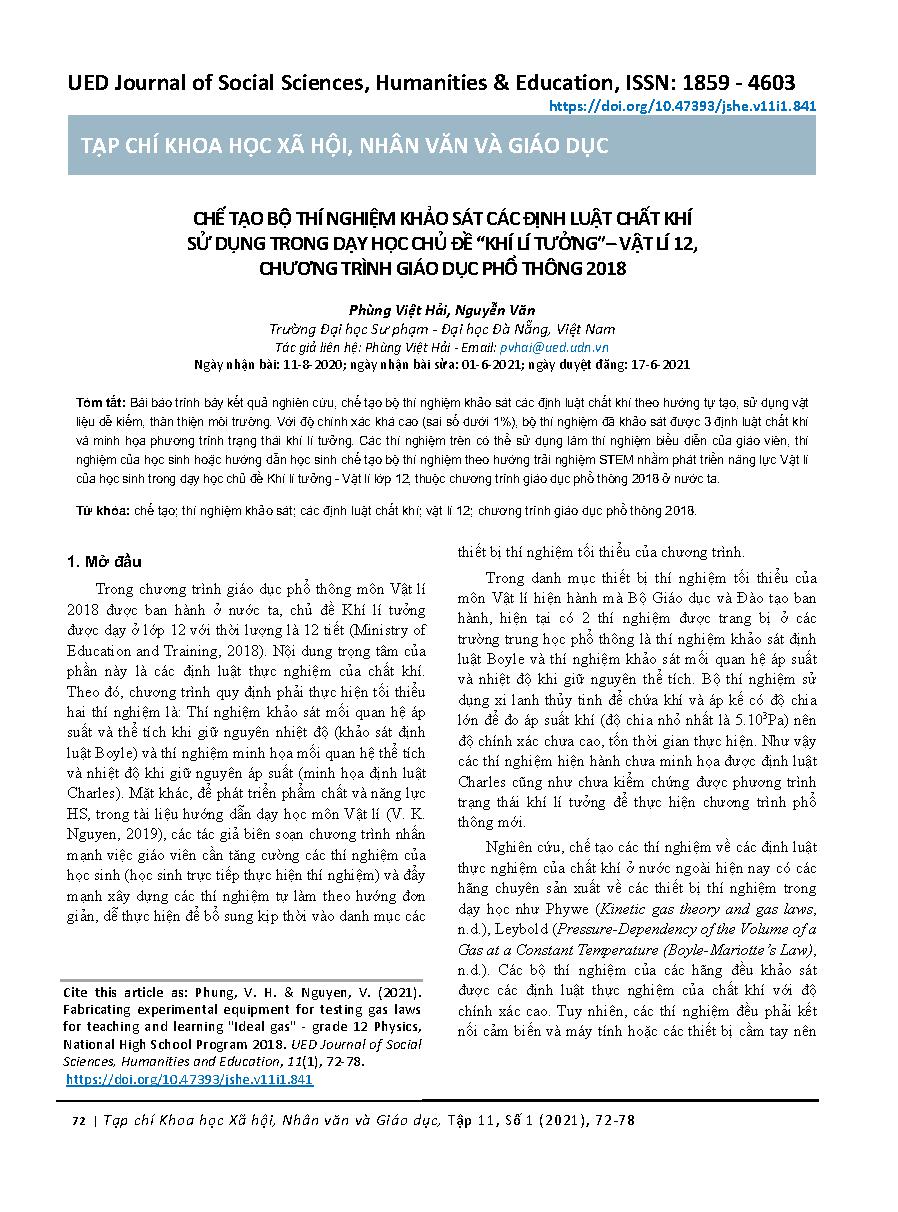 Chế tạo bộ thí nghiệm khảo sát các định luật chất khí sử dụng trong dạy học chủ đề “khí lý tưởng”– Vật lý 12, chương trình giáo dục phổ thông 2018