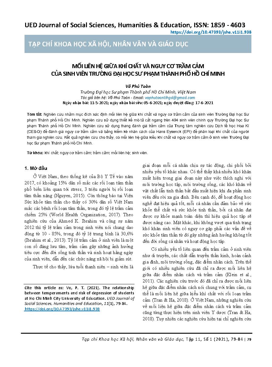 Mối liên hệ giữa khí chất và nguy cơ trầm cảm của sinh viên trường Đại học Sư phạm thành phố Hồ Chí Minh