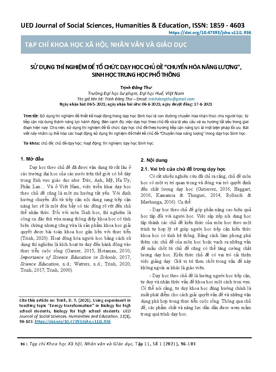 Sử dụng thí nghiệm để tổ chức dạy học chủ đề “chuyển hóa năng lượng”, Sinh học trung học phổ thông
