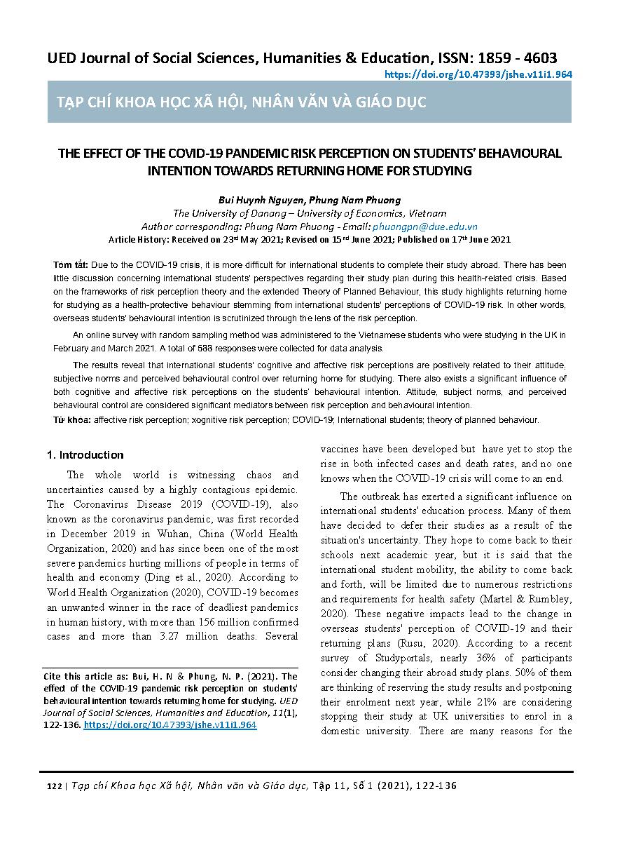 Ảnh hưởng của nhận thức rủi ro về đại dịch covid-19 đến ý định hành vi trở về nước để học tập của sinh viên