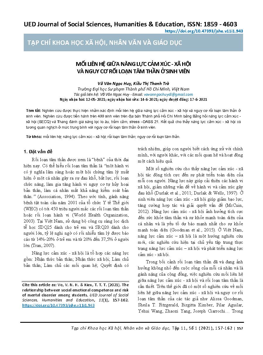 Mối liên hệ giữa năng lực cảm xúc - xã hội và nguy cơ rối loạn tâm thần ở sinh viên