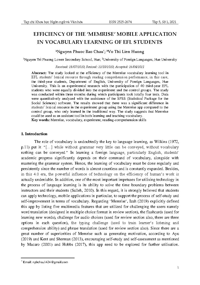 Hiệu quả của ứng dụng điện thoại ‘memrise’ trong việc học từ vựng của sinh viên chuyên ngữ tiếng Anh