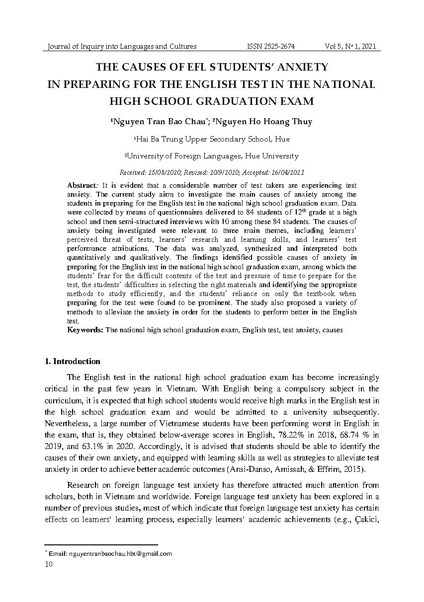 Nghiên cứu nguyên nhân áp lực tâm lý của học sinh khi chuẩn bị cho bài thi tiếng Anh của kỳ thi trung học phổ thông quốc gia