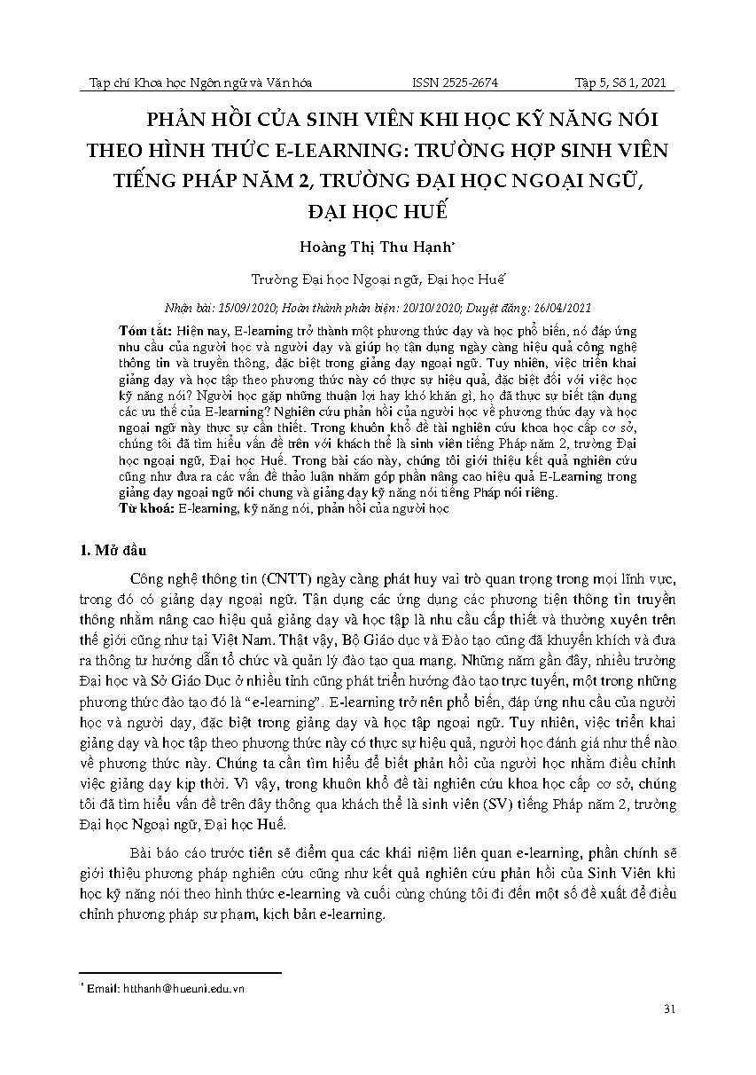 Phản hồi của sinh viên khi học kỹ năng nói theo hình thức e-learning: trường hợp sinh viên tiếng Pháp năm 2, trường Đại học Ngoại ngữ, Đại học Huế