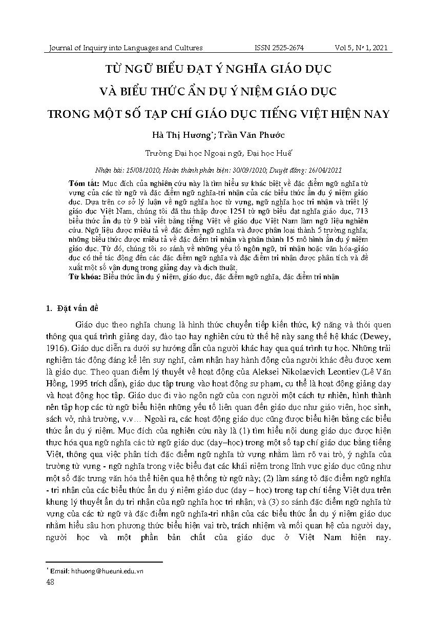 Từ ngữ biểu đạt ý nghĩa giáo dục và biểu thức ẩn dụ ý niệm giáo dục trong một số tạp chí giáo dục tiếng Việt hiện nay