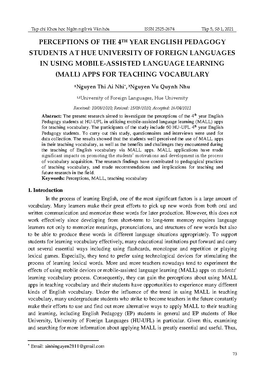Nhận thức của sinh viên năm 4 ngành sư phạm tiếng Anh trường Đại học Ngoại ngữ, Đại học Huế về việc áp dụng các ứng dụng học tiếng Anh qua điện thoại vào việc giảng dạy từ vựng