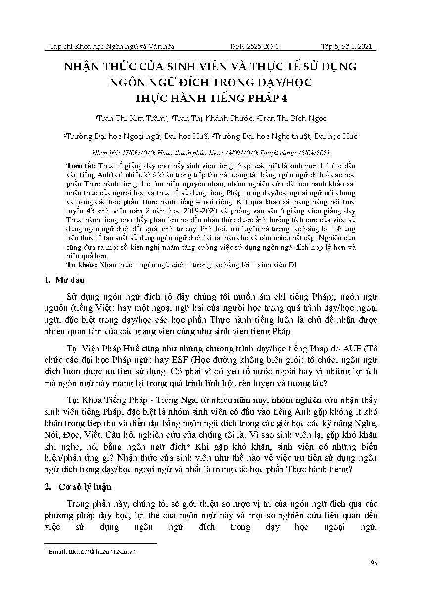 Nhận thức của sinh viên và thực tế sử dụng ngôn ngữ đích trong dạy/học thực hành tiếng Pháp 4