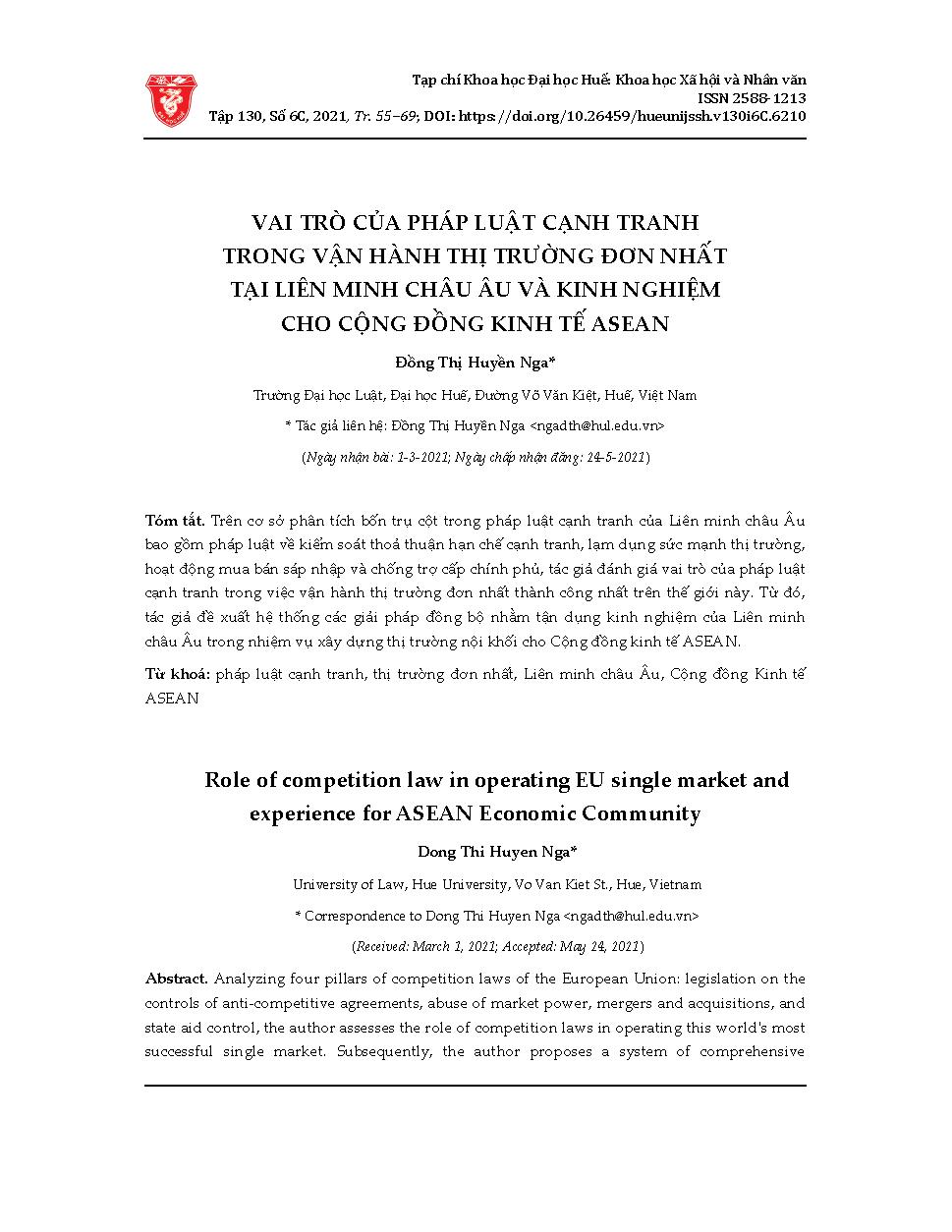 Vai trò của pháp luật cạnh tranh trong vận hành thị trường đơn nhất tại Liên minh châu u và kinh nghiệm cho cộng đồng kinh tế ASEAN