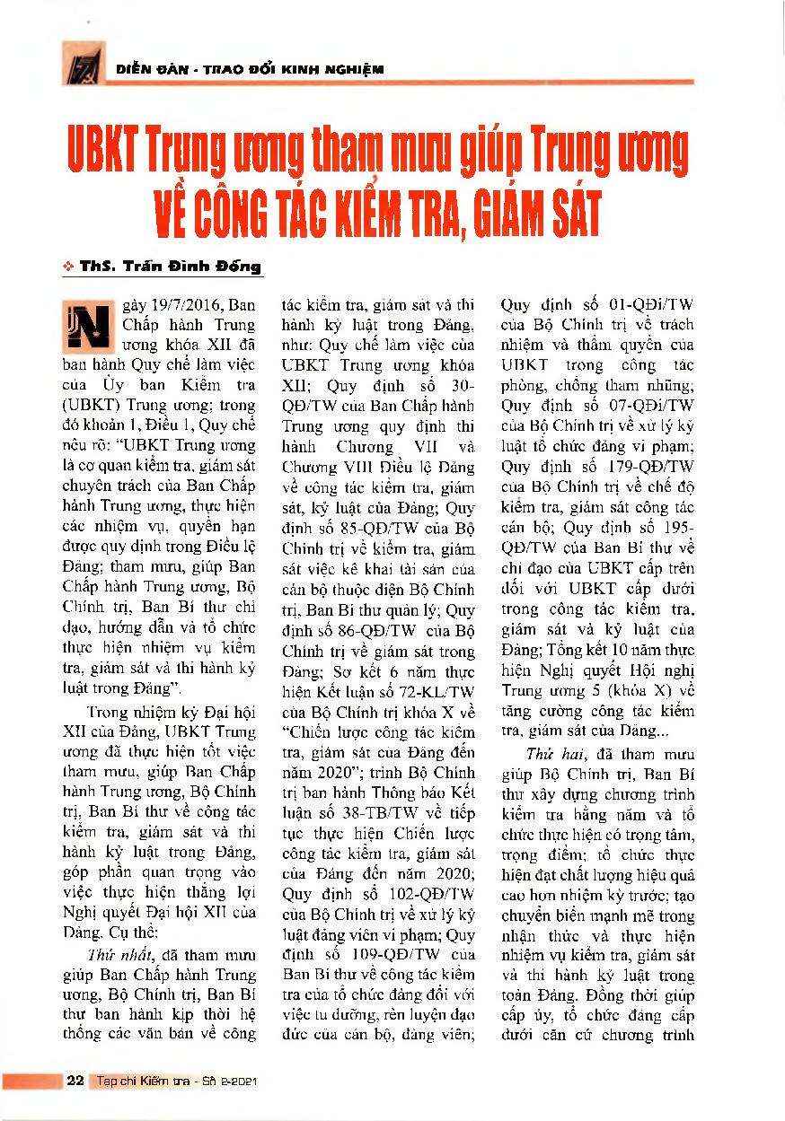 UBKT Trung ương tham mưu giúp Trung ương về công tác kiểm tra, giám sát