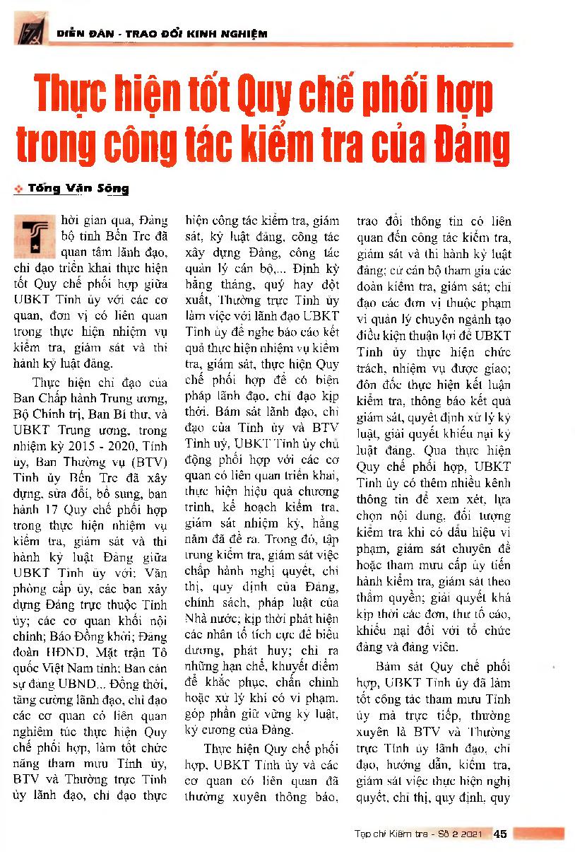 Thực hiện tốt Quy chế phối hợp trong công tác kiềm tra của Đảng