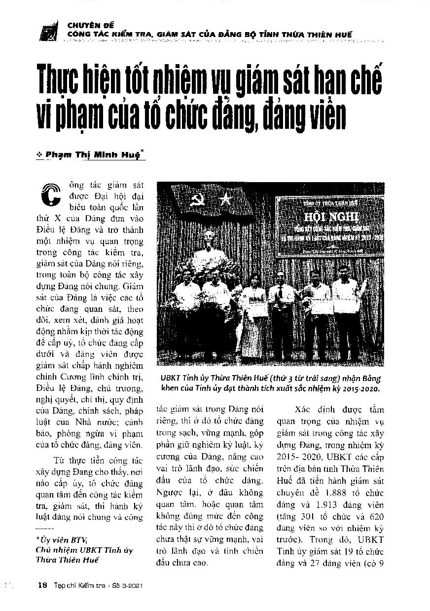 Thực hiện tốt nhiệm vụ giám sát, hạn chế vi phạm của tổ chức đảng, đảng viên