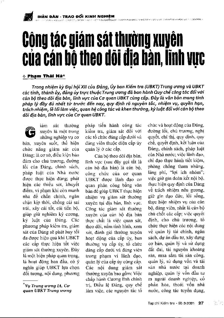 Công tác giám sát thường xuyên của cán bộ theo dõi địa bàn, lĩnh vực