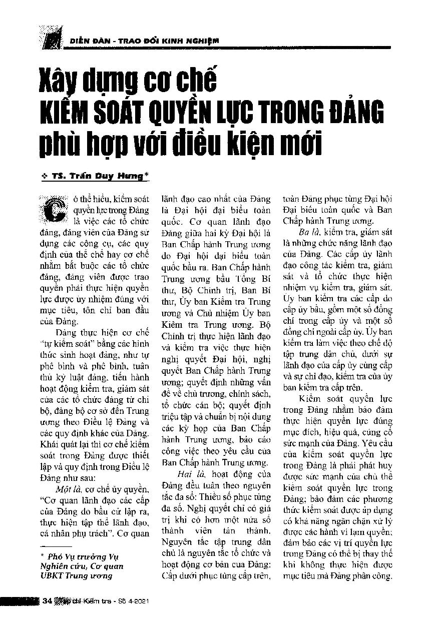 Xây dựng cơ chế kiểm soát quyền lực trong Đảng phù hợp với điều kiện mới