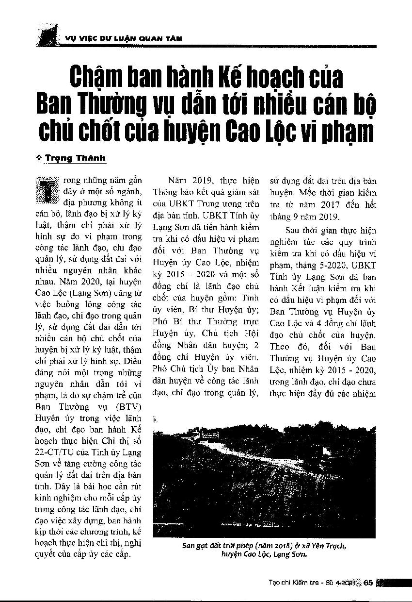 Chậm ban hành Kế hoạch của Ban Thường vụ dẫn tới nhiều cán bộ chủ chốt của huyện Cao Lộc vi phạm