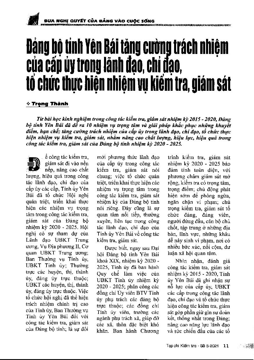 Đảng bộ tỉnh Yên Bái tăng cường trách nhiệm của cấp ủy trong lãnh đạo, chỉ đạo, tổ chức thực hiện nhiệm vụ kiểm tra, giám sát