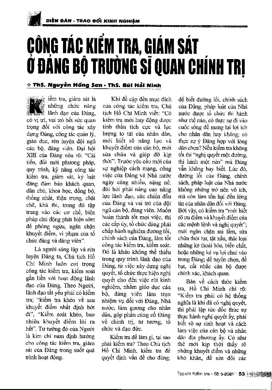 Công tác kiểm tra, giám sát ở Đảng bộ Trường Sỹ quan Chính trị