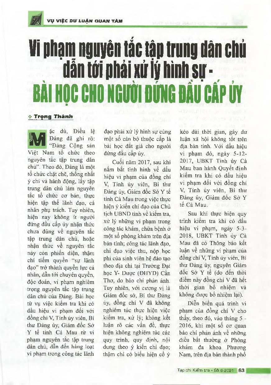 Vi phạm nguyên tắc tập trung dân chủ dẫn tới phải xử lý hình sự - Bài học cho người đứng đầu cấp ủy